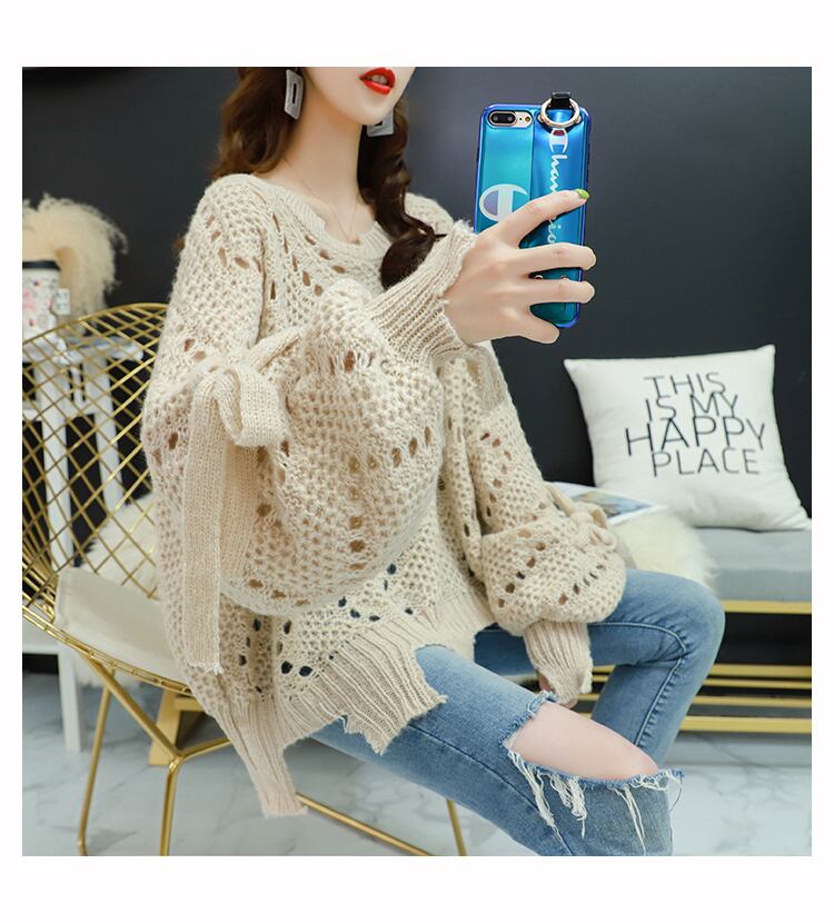 【tops】韓国ファッション3色ラウンドネック長袖透かし彫り薄手ニットセーターF0634