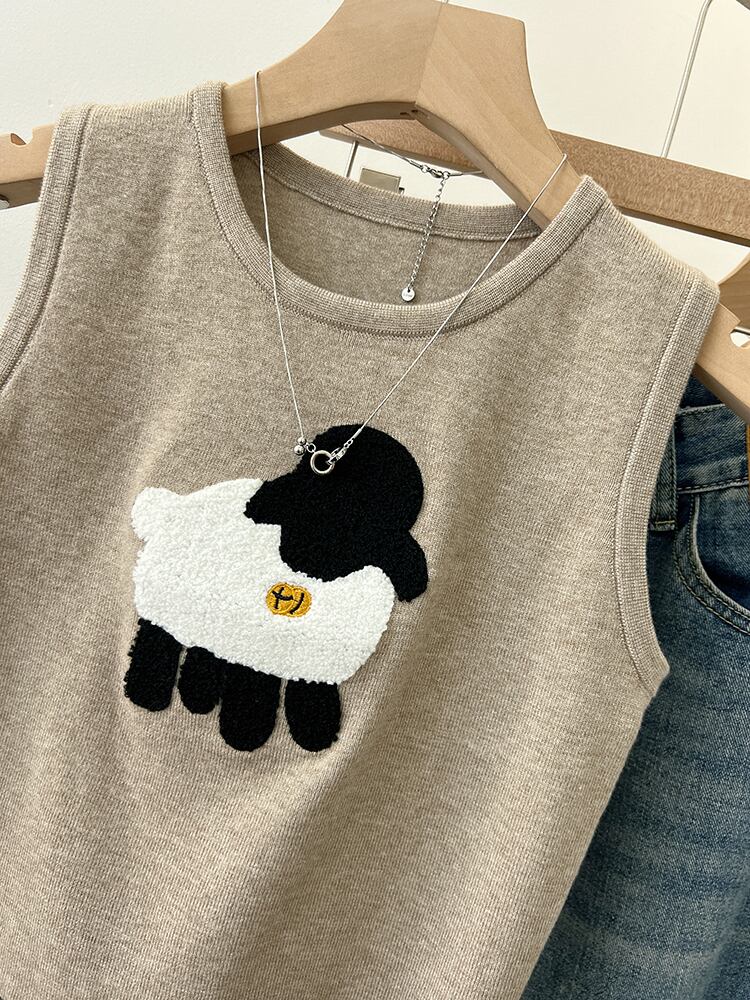 【tops】ラウンドネック動物柄ニットタンクトップF7303