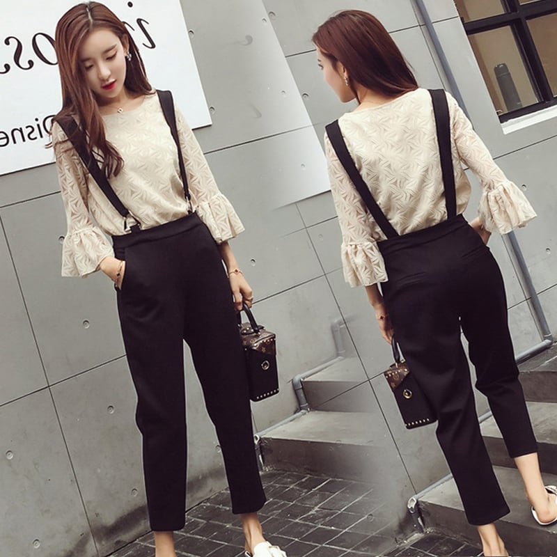 【set】大人可愛いフレアスリーブトップス＋サロペット通勤日常セットアップF0063