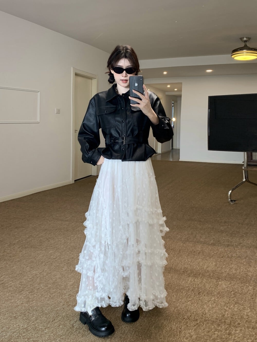 【set】PUジャケット×レーススカートセット　M29813