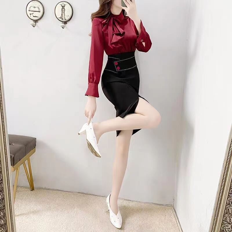 【dress】女性力を高める〜スリット長袖体型カバー配色切り替えおしゃれ春タイトワンピースF1602