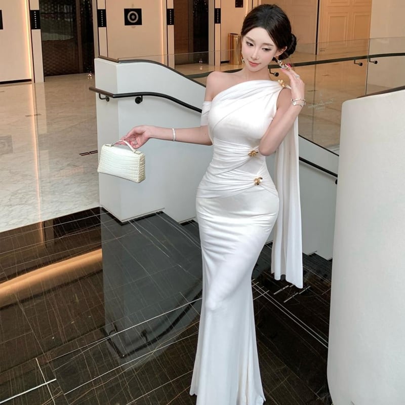 【dress】ワンショルダーギャザーデザインロングワンピース Q7977