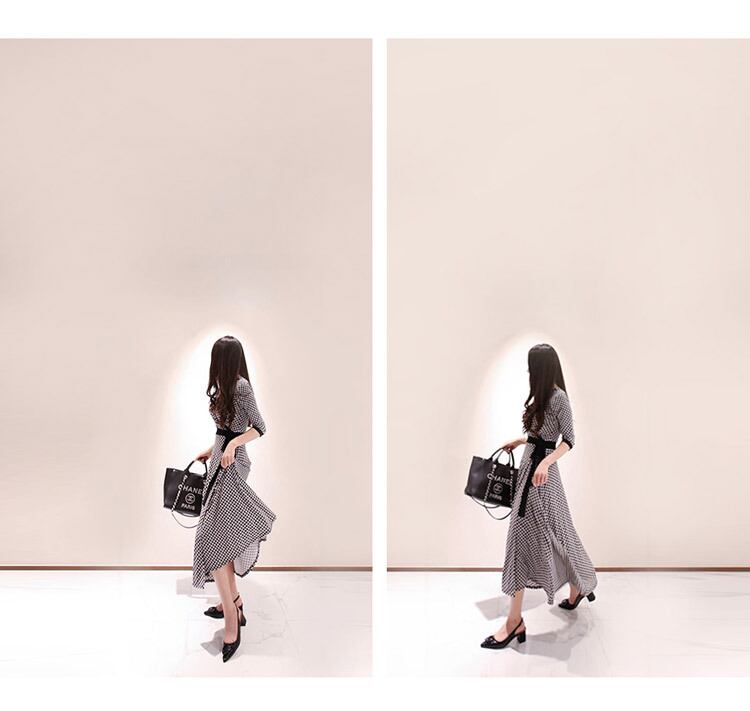 【dress】気質満点レトロ着痩せスリットプリントVネックワンピース