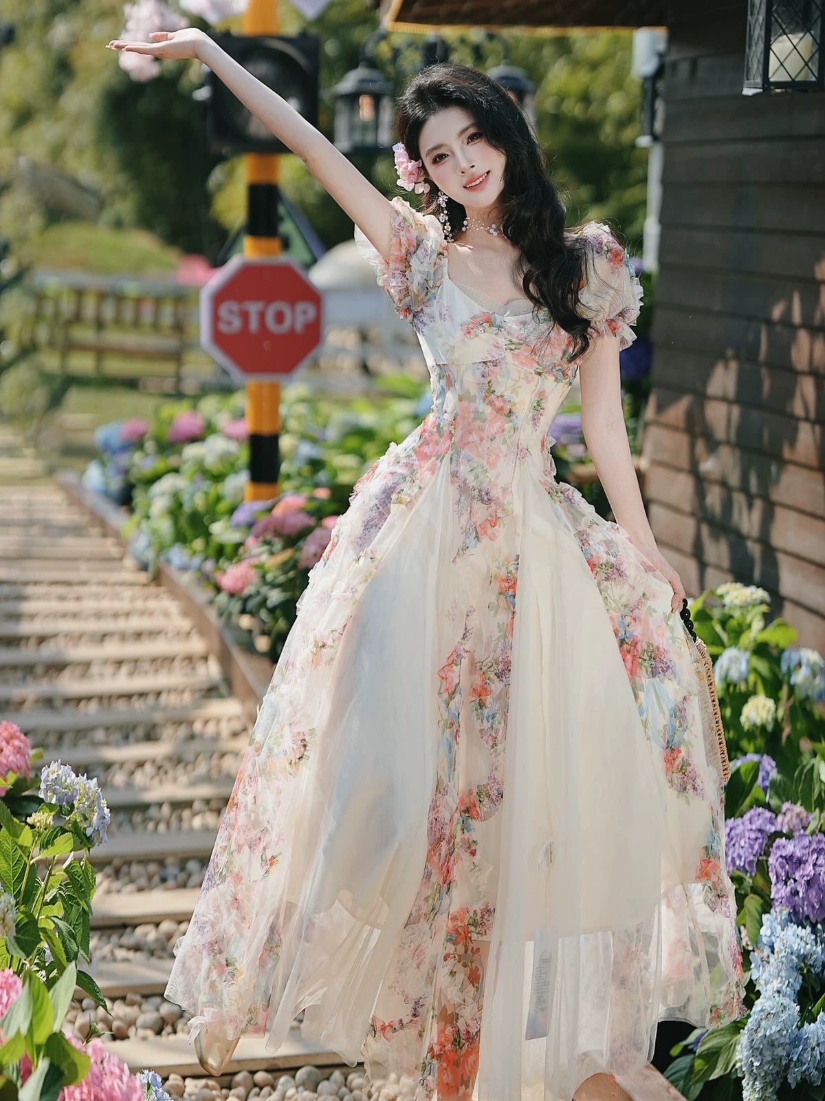 【dress】立体フラワーチュールドッキングロングワンピース　K0556