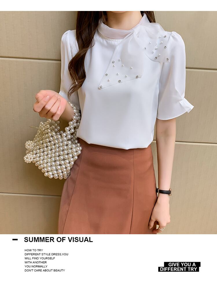 【tops】美人度アップ!スウィートリボンルーズシフォンパフスリーブフランス風シャツ G6683