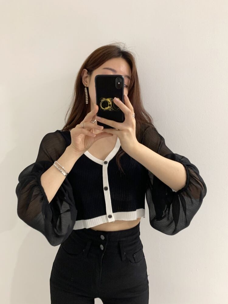 【tops】Vネック ランタンスリーブ切り替えトップスニット G15684