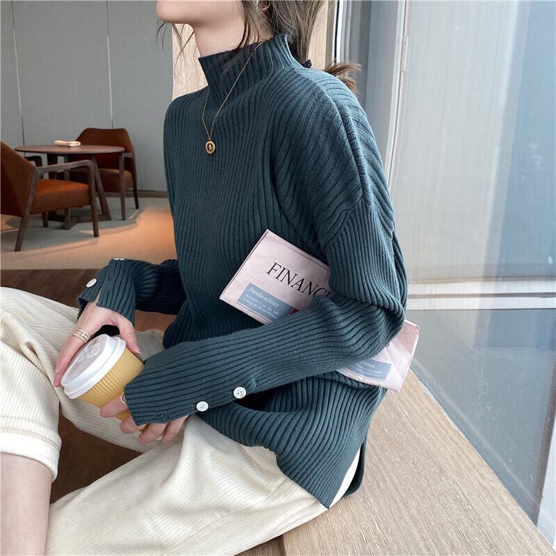 【tops】女性力を高める〜ハーフネック長袖体型カバーファッション無地ニットセーターF0839