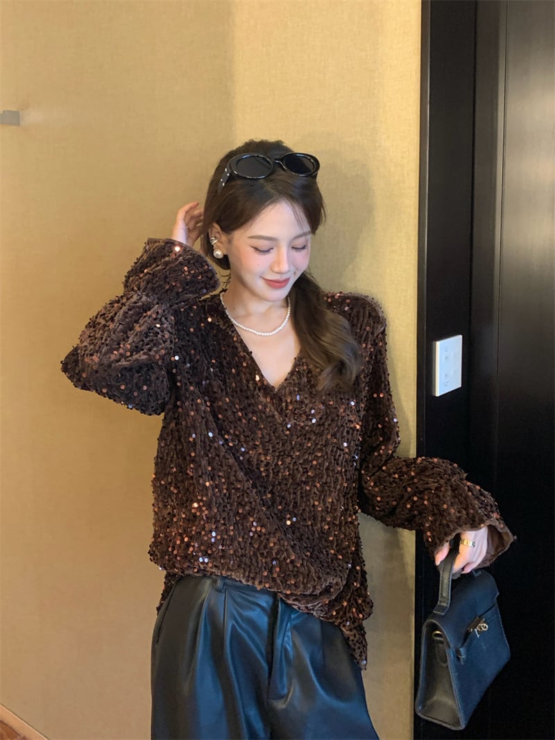 【tops】スパンコールVネックトップス　M28576