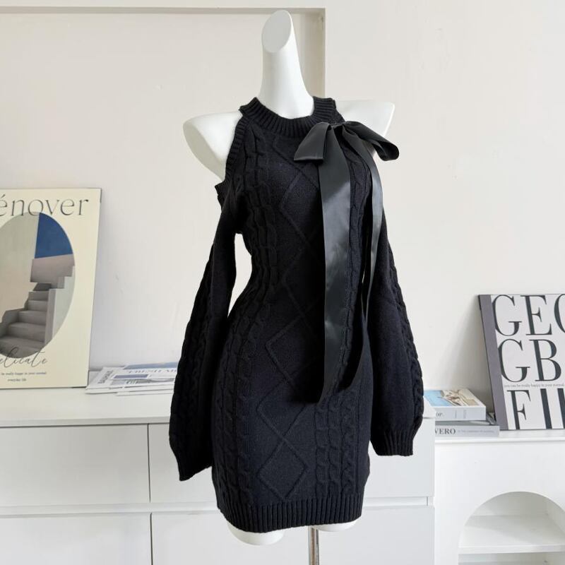 【dress】リボン付きオフショルニットワンピース Q7182