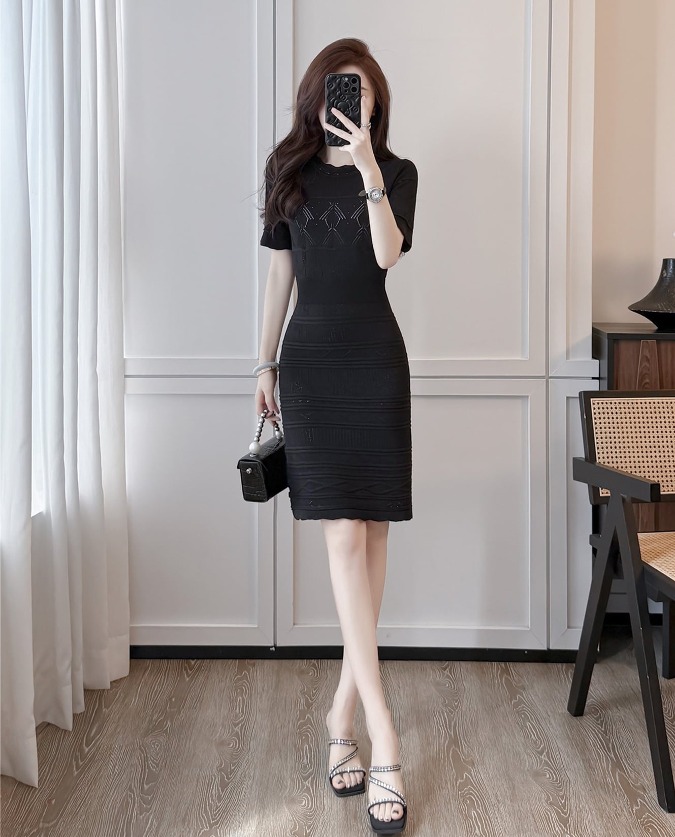 【dress】半袖透かし編みニットワンピース Q8492