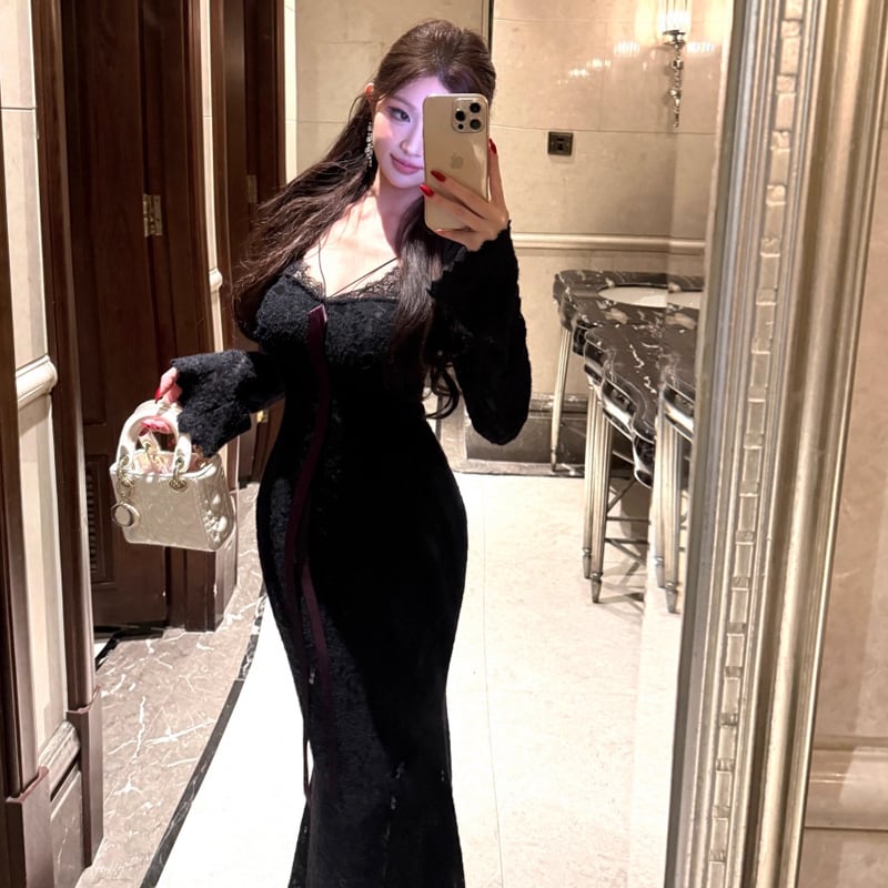 【dress】リボン付きレースタイトワンピース Q7602