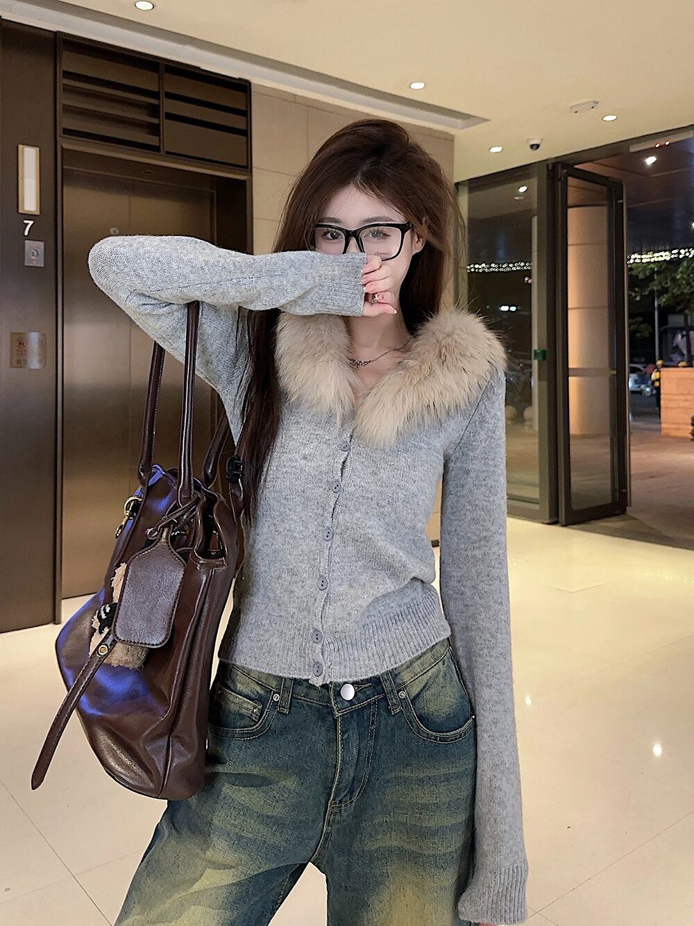 【outer】ファー付きニットカーデ　M28840