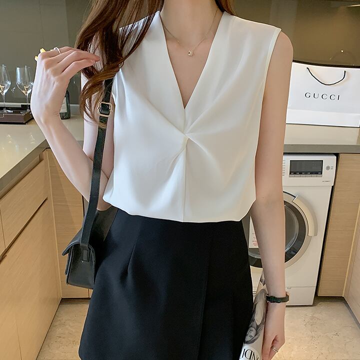 【tops】Vネックノースリーブ無地着回しタンクトップシフォンF0248