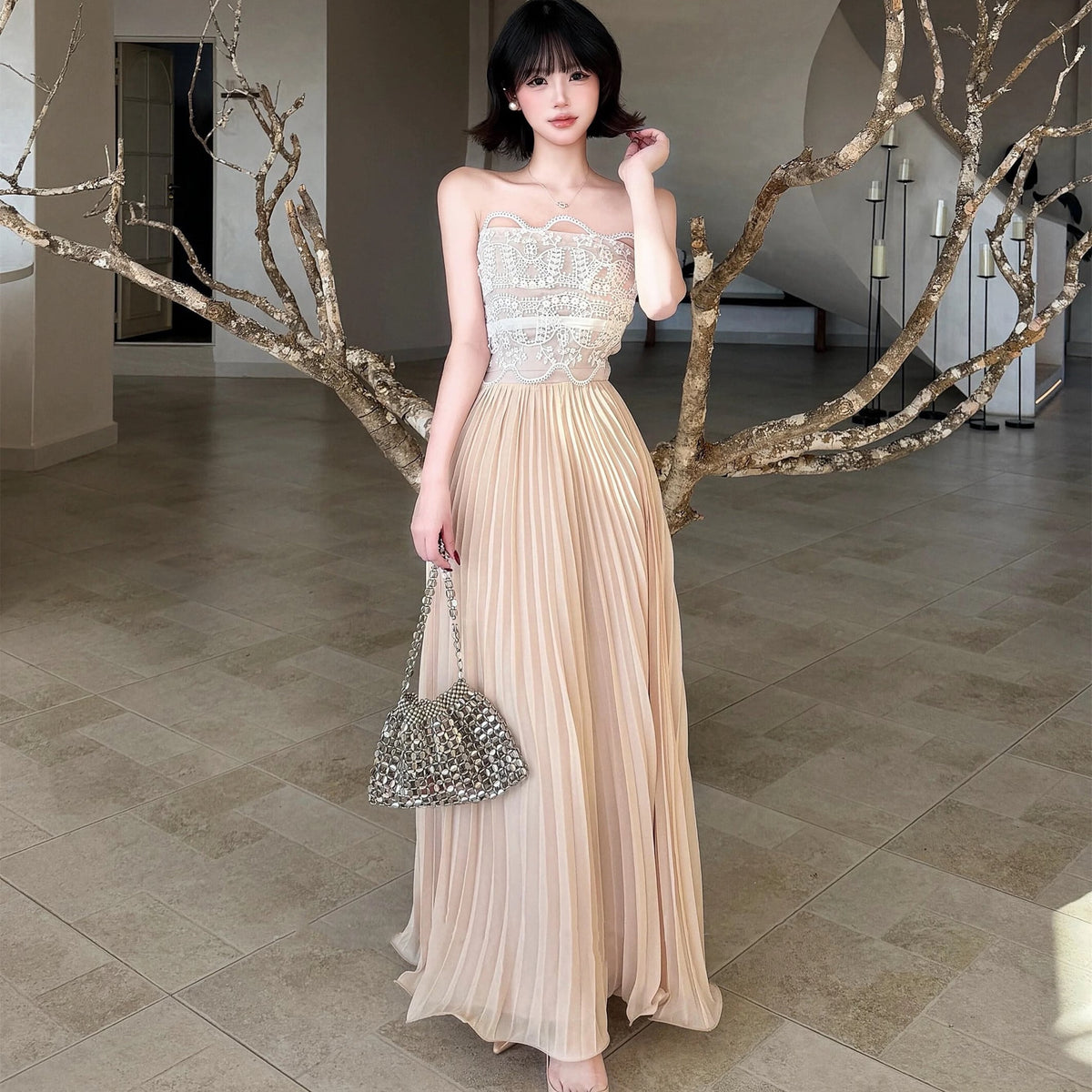 【dress】レースドッキングプリーツロングワンピース N3526