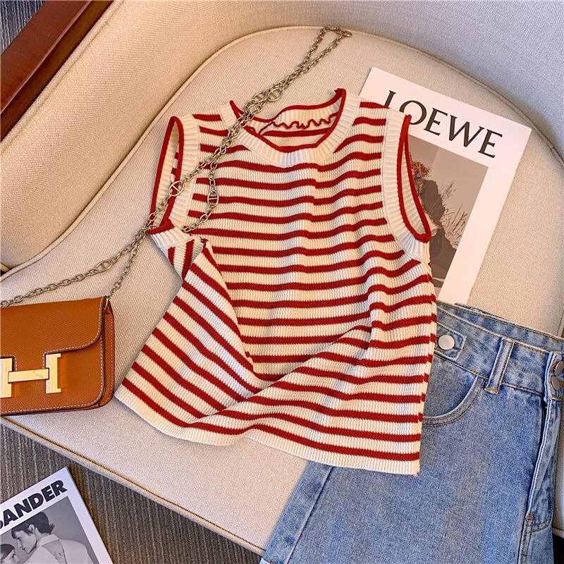 【tops】ボーダー柄ニットタンクトップF7178