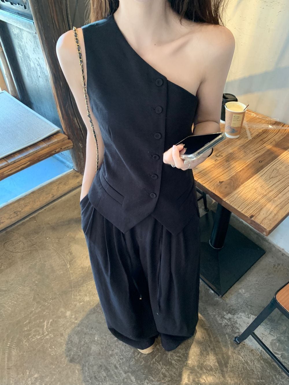 【set】オフショルダーベスト×ワイドパンツセット　M24955