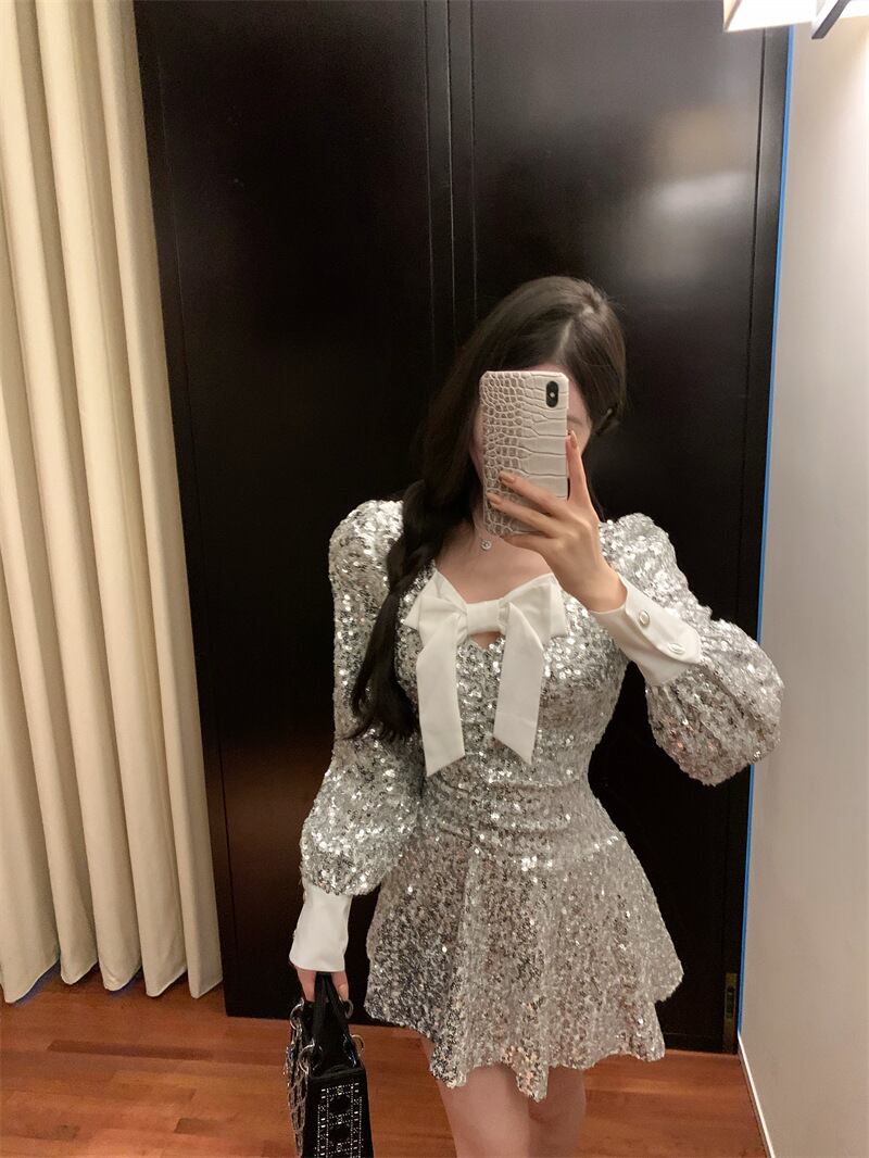 【dress】スパンコールリボン付きワンピース　M28003