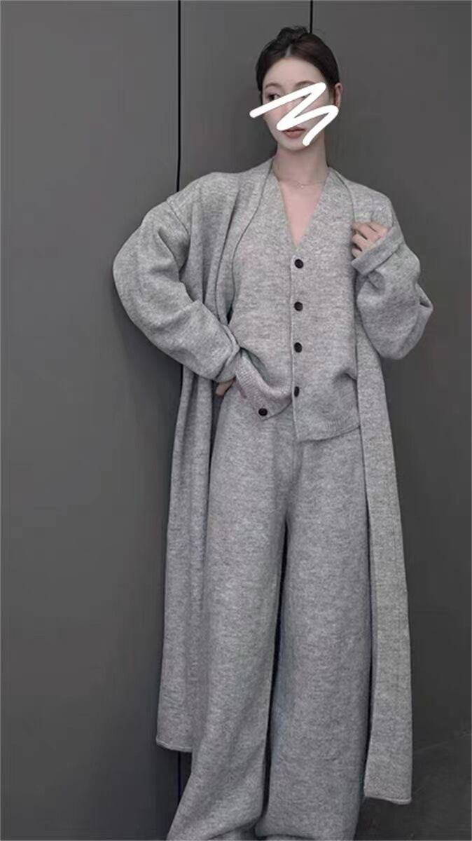 【set】ロング丈ニットカーデ×ジレ×ワイドパンツセット　M18157