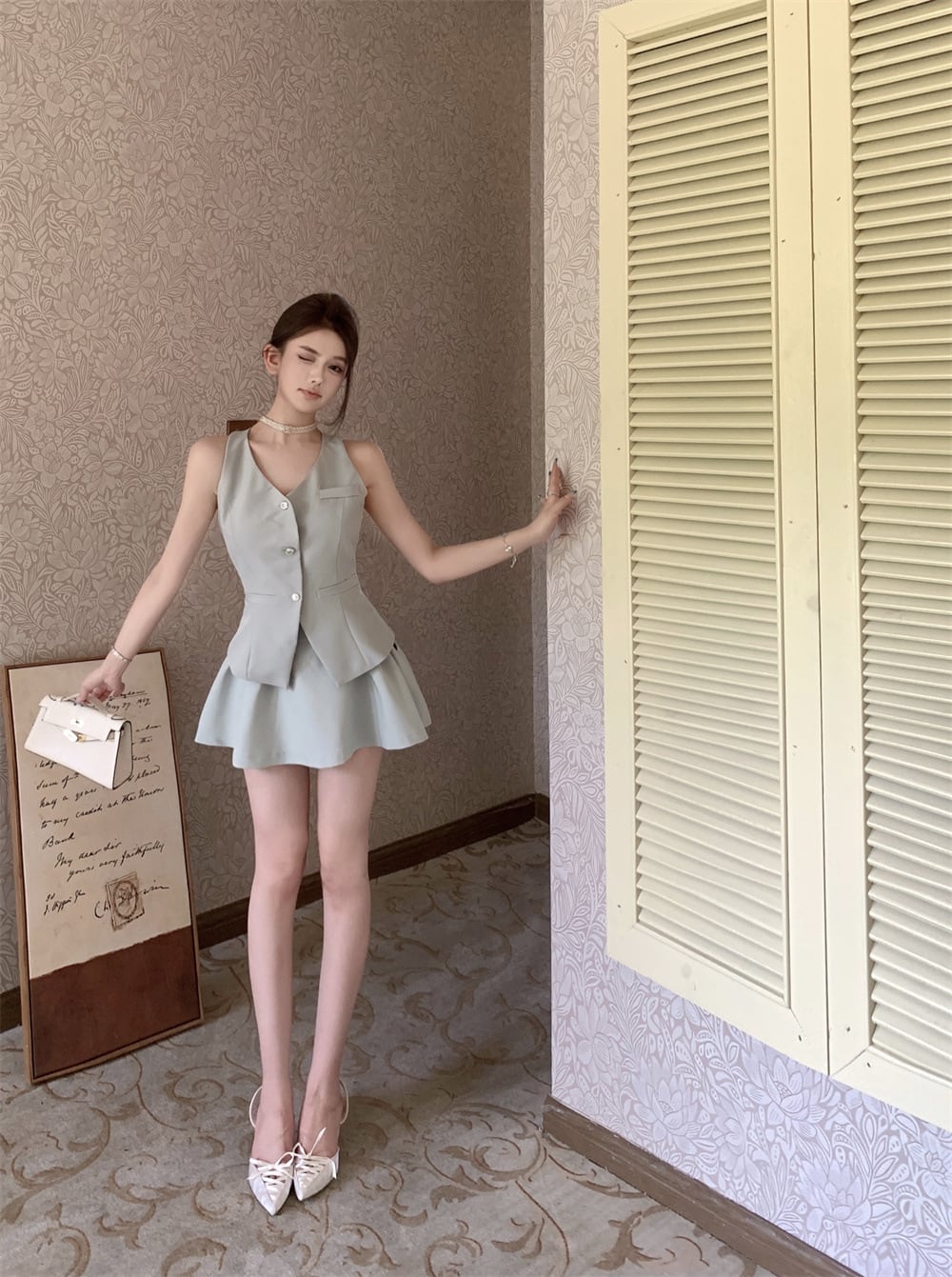 【set】Vネックリボンスーツチョッキ+スカート２点セットG21405