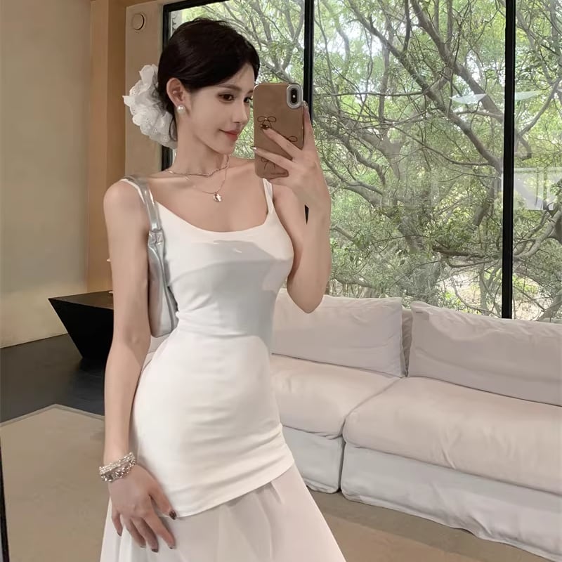 【dress】チュールドッキングロングキャミワンピース Q8154