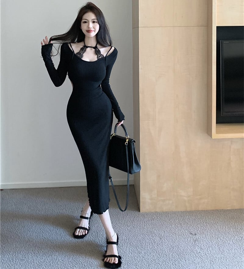 【dress】レースドッキングニットワンピース　M27875