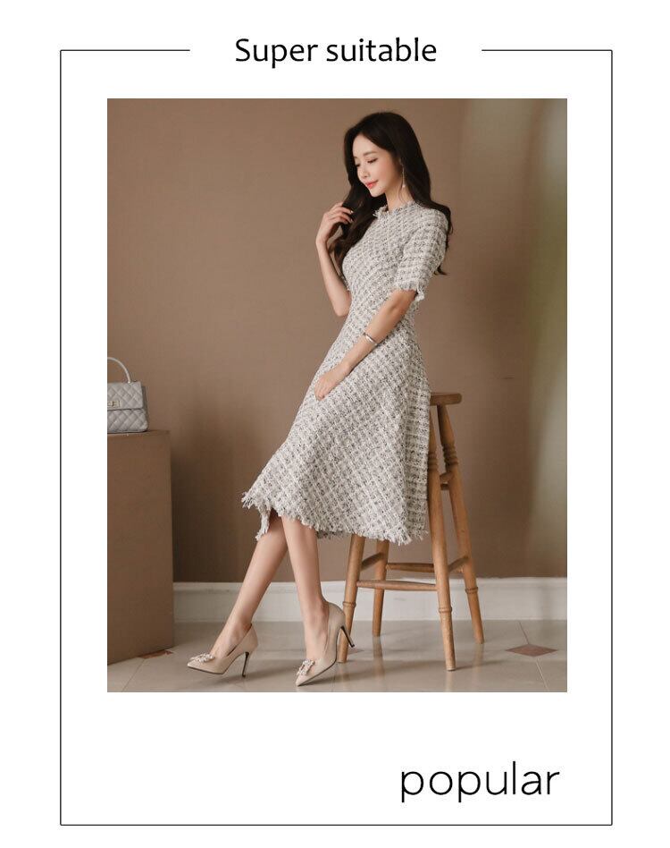 【dress】OL通勤好感度UP!気質満点韓国風知的5分袖 ハイウエストワンピース G0402