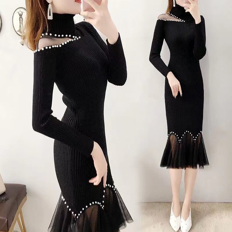 【dress】細身効果抜群♪レース切り替え体型カバーファッション無地人気ニットマーメイドワンピースF1436