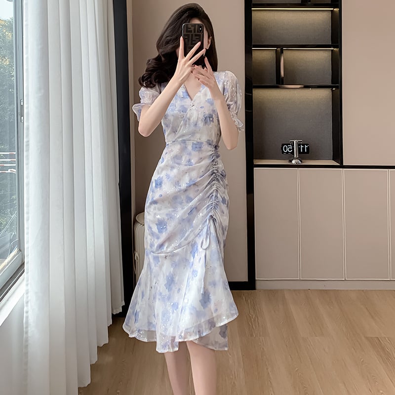 【dress】Vネック半袖マーメイドワンピースF7407