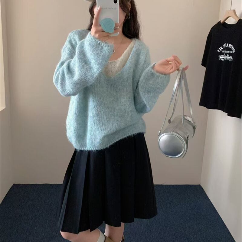 【tops】フェイクレイヤードニットトップス Q7072