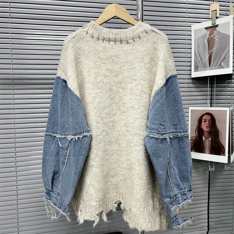 【tops】デニム切り替えニットセーター　M29323