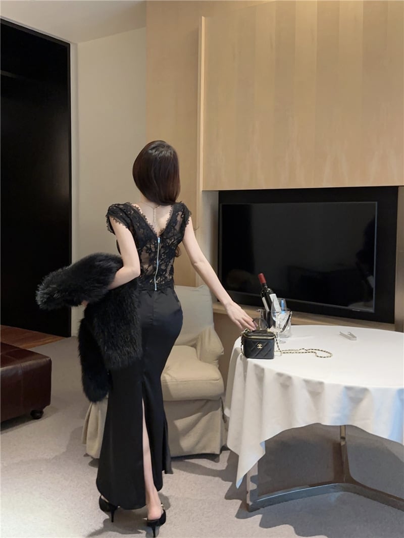 【set】ファーコート+レースマーメイドワンピースセット　M26359