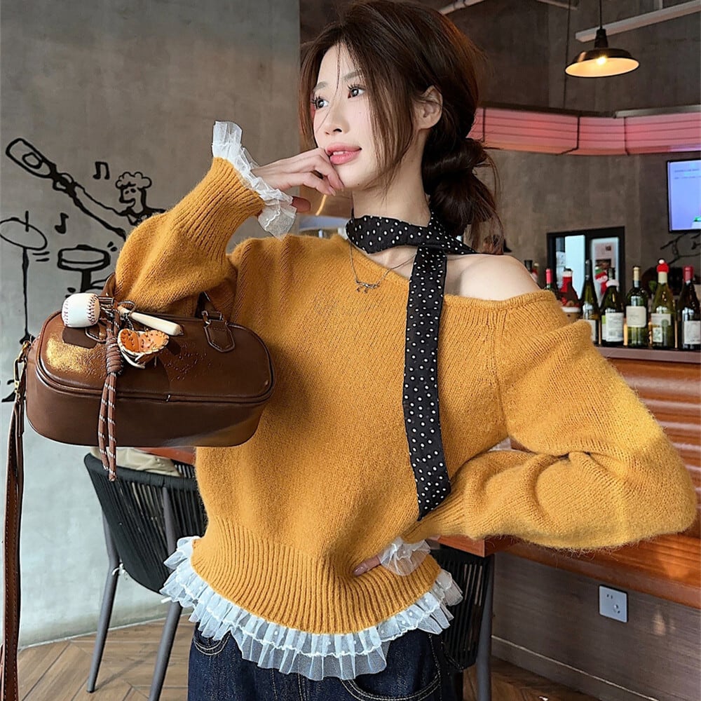 【tops】オフショルダーレース切り替えニットセーター　M28799