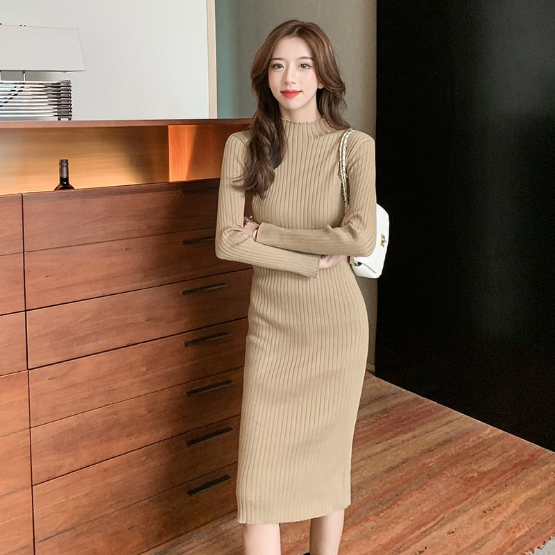 【dress】一目惚れ！2色ハーフネック長袖着やせ体型カバー無地ニットワンピースF1624