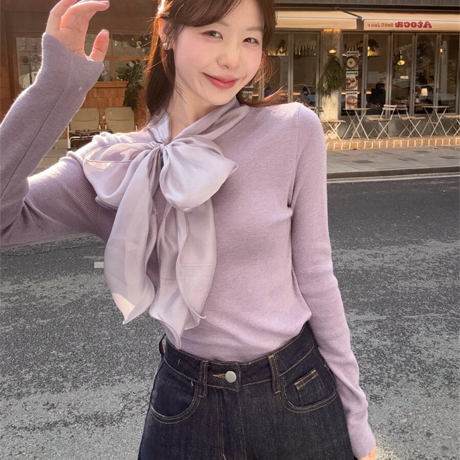 【tops】リボン付きニットトップス　M28880