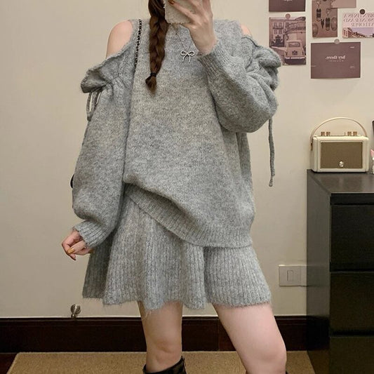 【set】オフショルニットトップス×ミニスカートセット Q7276