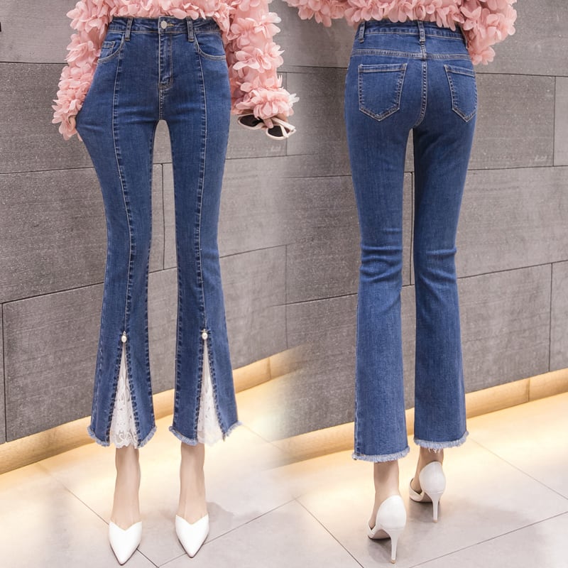 【bottoms】好感度UP!合わせやすい九分丈ハイウエスト着痩せ切り替えレースデニムパンツ G3448