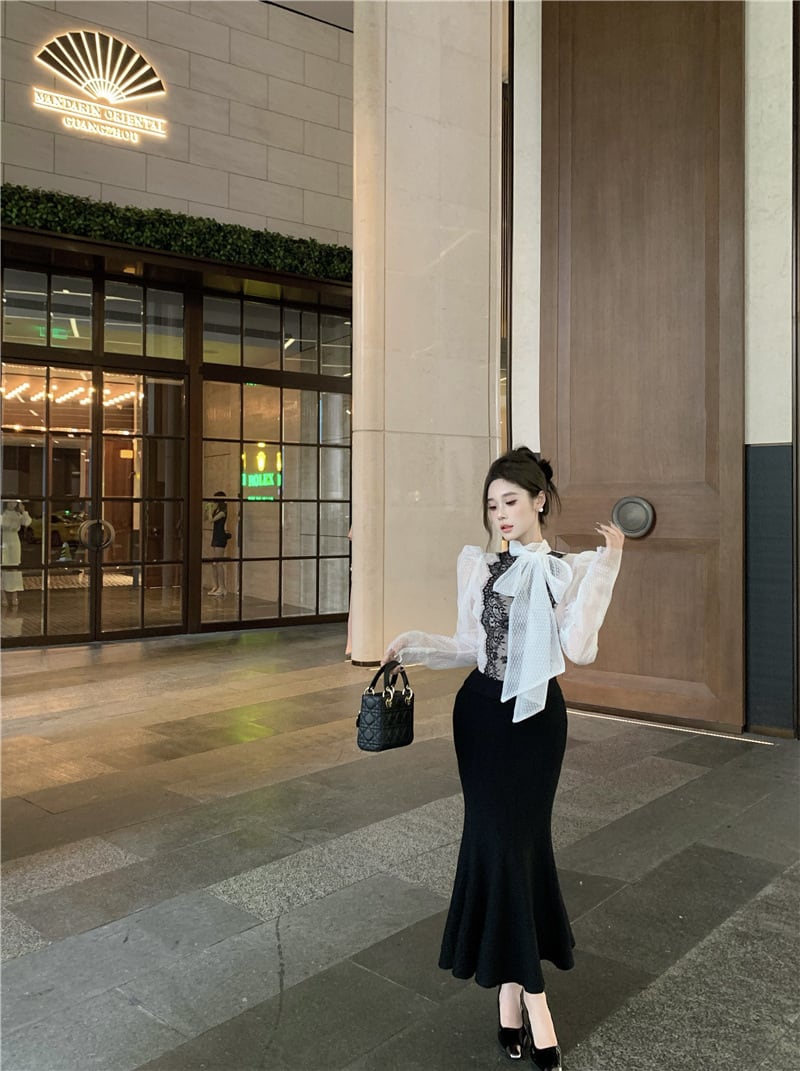 【tops】レース切り替リボン付きシャツトップス　M27164