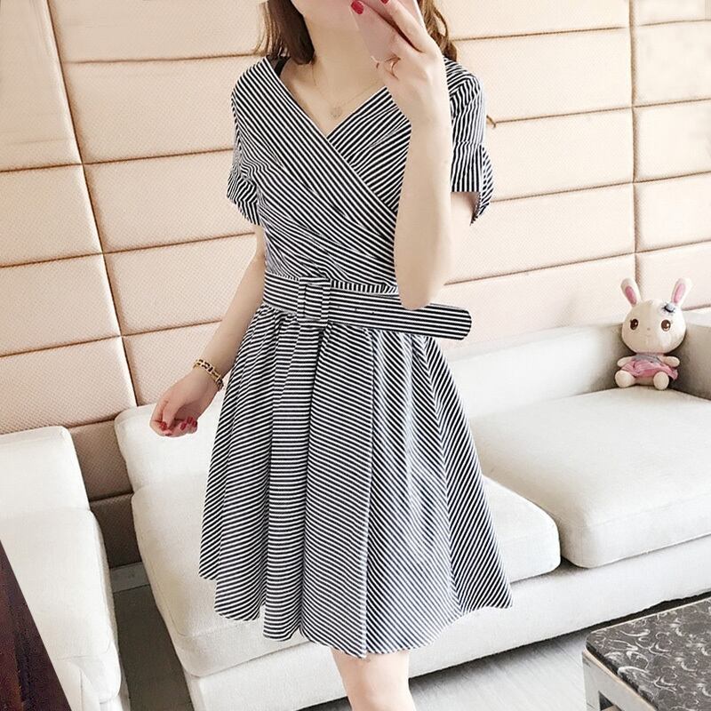 【dress】夏高級感気質満点レトロスウィートストライプ柄着痩せ ワンピース G1036
