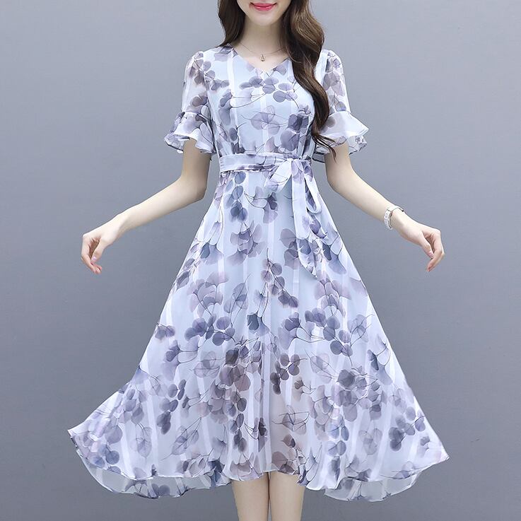 【dress】一目惚れ！Vネックフレアスリーブギャザー花柄ワンピースF0298