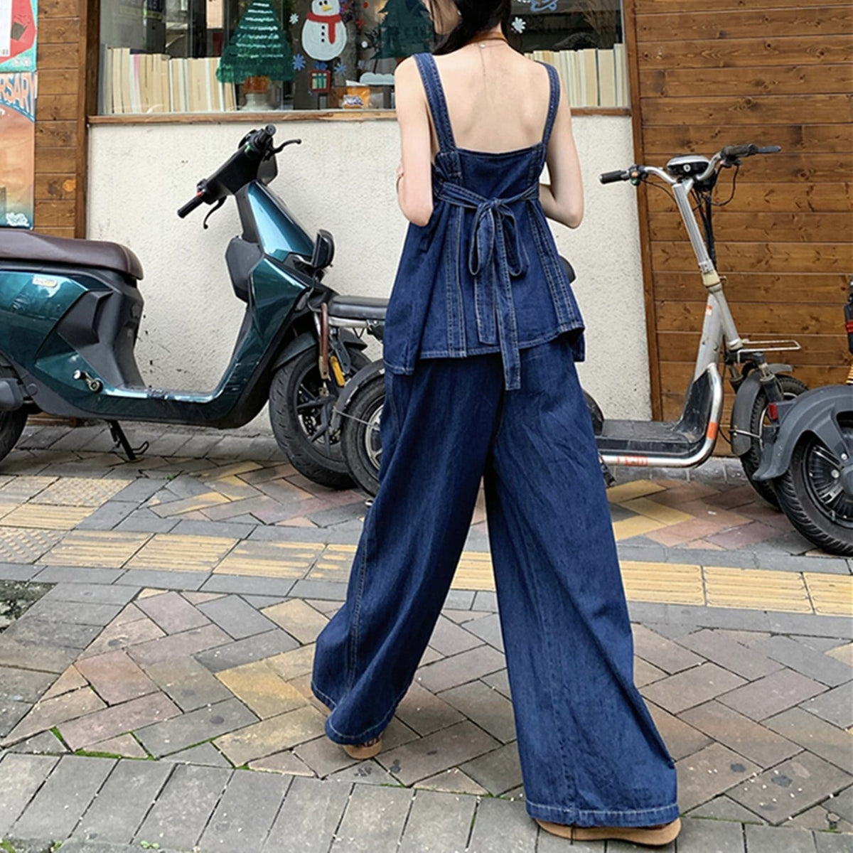 【set】バックリボンデニムトップス×ワイドパンツセット    N2682