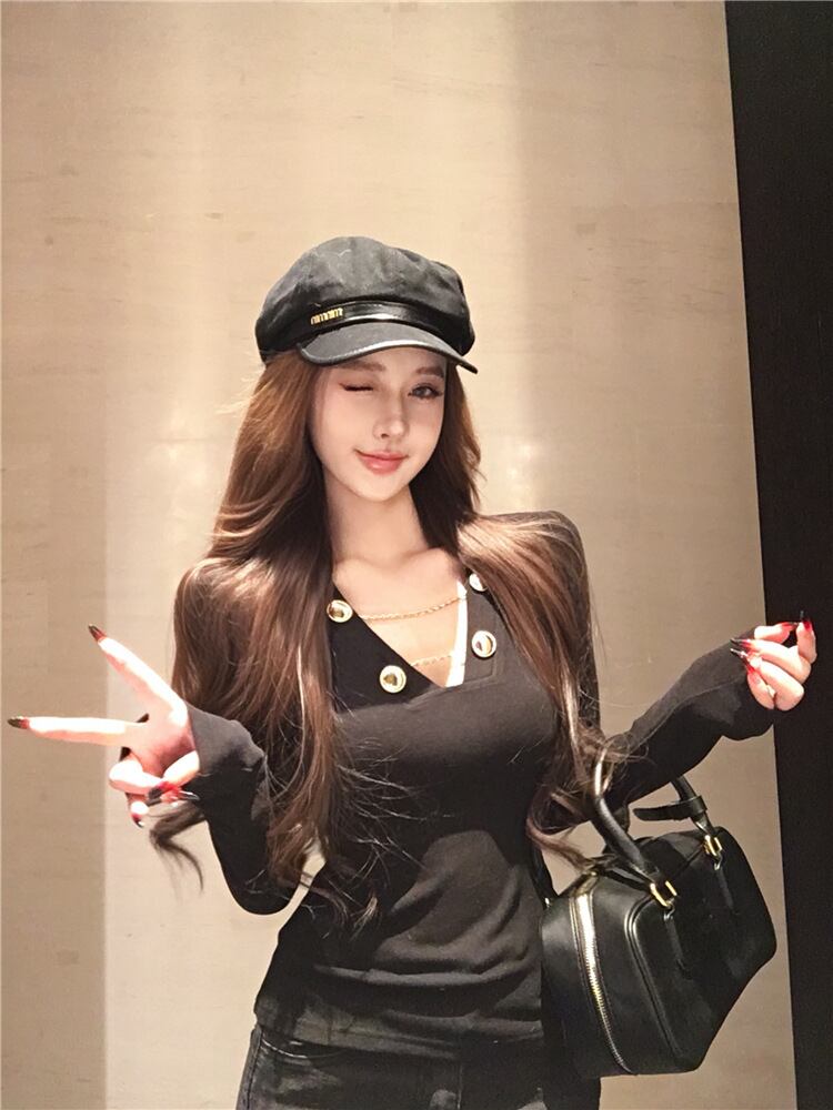 【tops】Vネック長袖Tシャツ　M28586