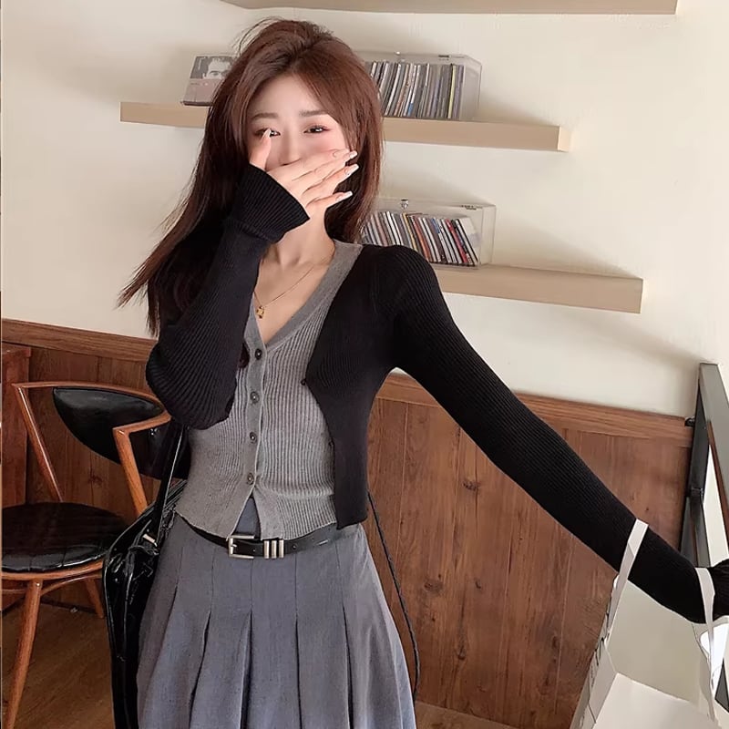 【tops】フェイクレイヤードニットトップス Q8150
