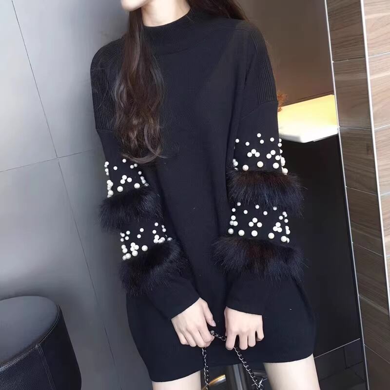 【dress】袖ファーパールニットワンピース　M19363