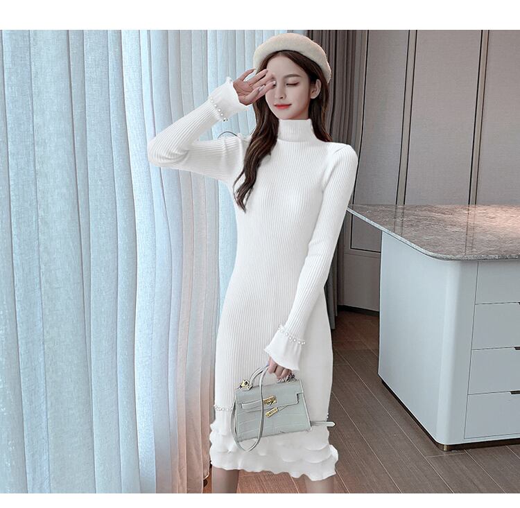 【dress】エレガント!気質満点レトロ体型カバー秋冬新作フリルニットワンピース G3729