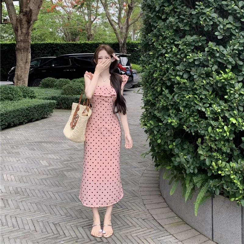 【dress】ギャザーフリルドット柄ロングワンピース Q8509