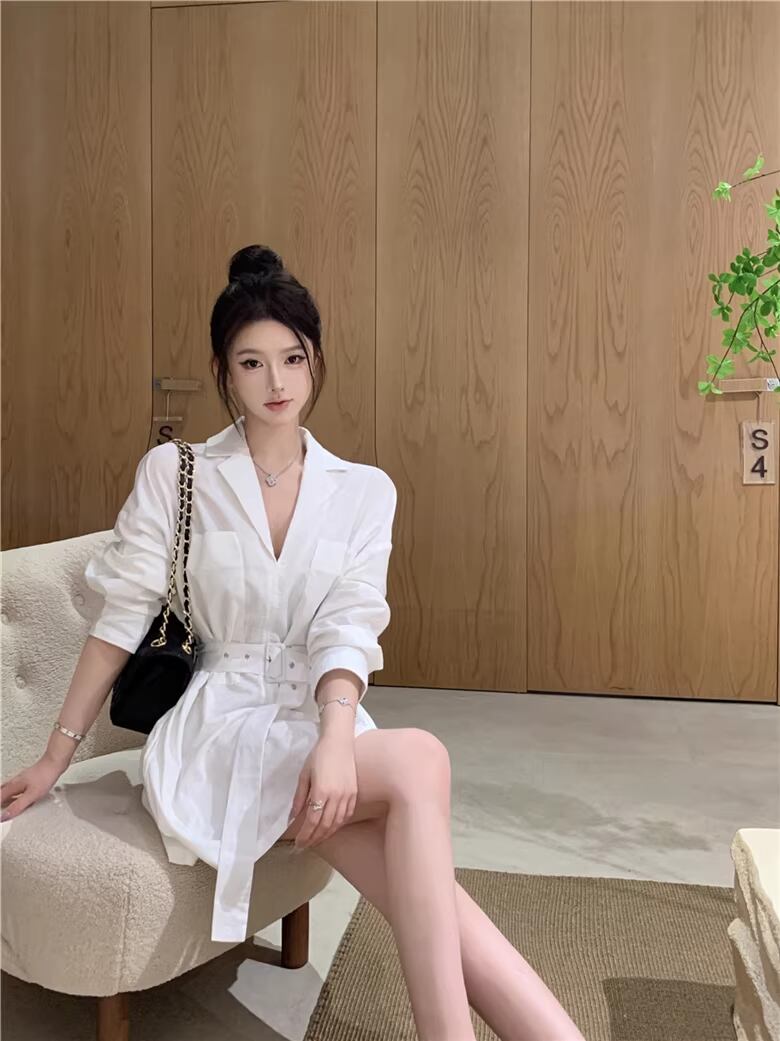 【dress】ベルト付きミニシャツワンピース Q8383