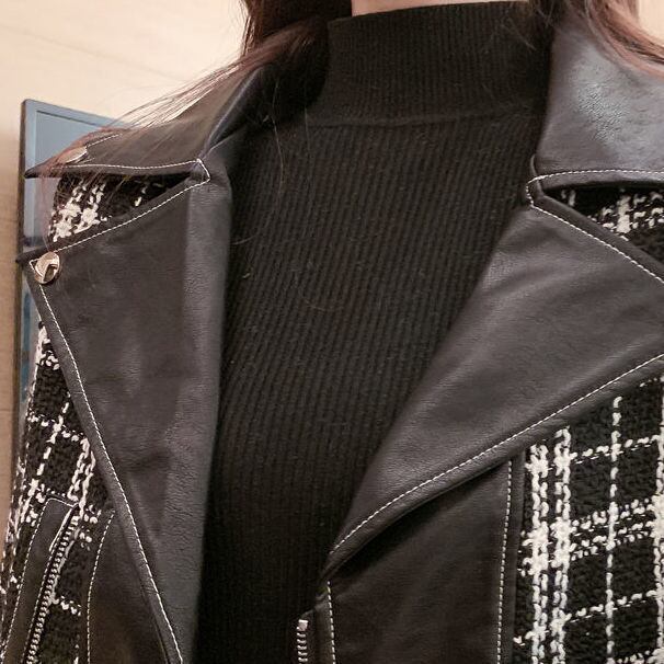 【outer】話題沸騰中大きいラペル長袖韓国風チェック柄配色切り替えショート丈ジャケットF1643