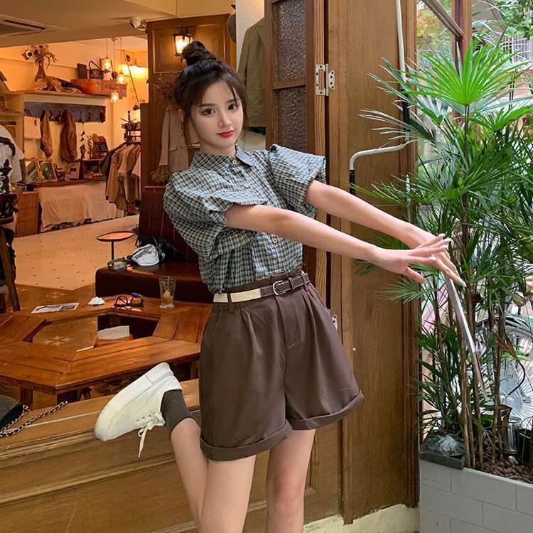 【set】チェック柄ブラウス+ショートパンツ２点セットG21352