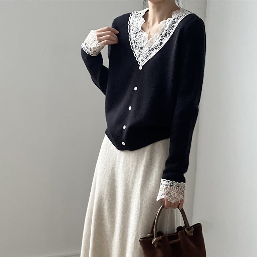 【tops】レースドッキングニットトップス　M28051