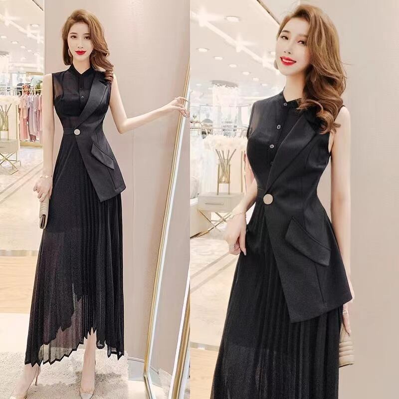 【dress】知的で品の良いノースリーブ無地切り替えウェスト絞りプリーツイレギュラーワンピースF2692